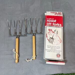 NEW Pair of Roast Lift Forks Rowoco Tool 1729 Wooden Handles Vintage Deadstock